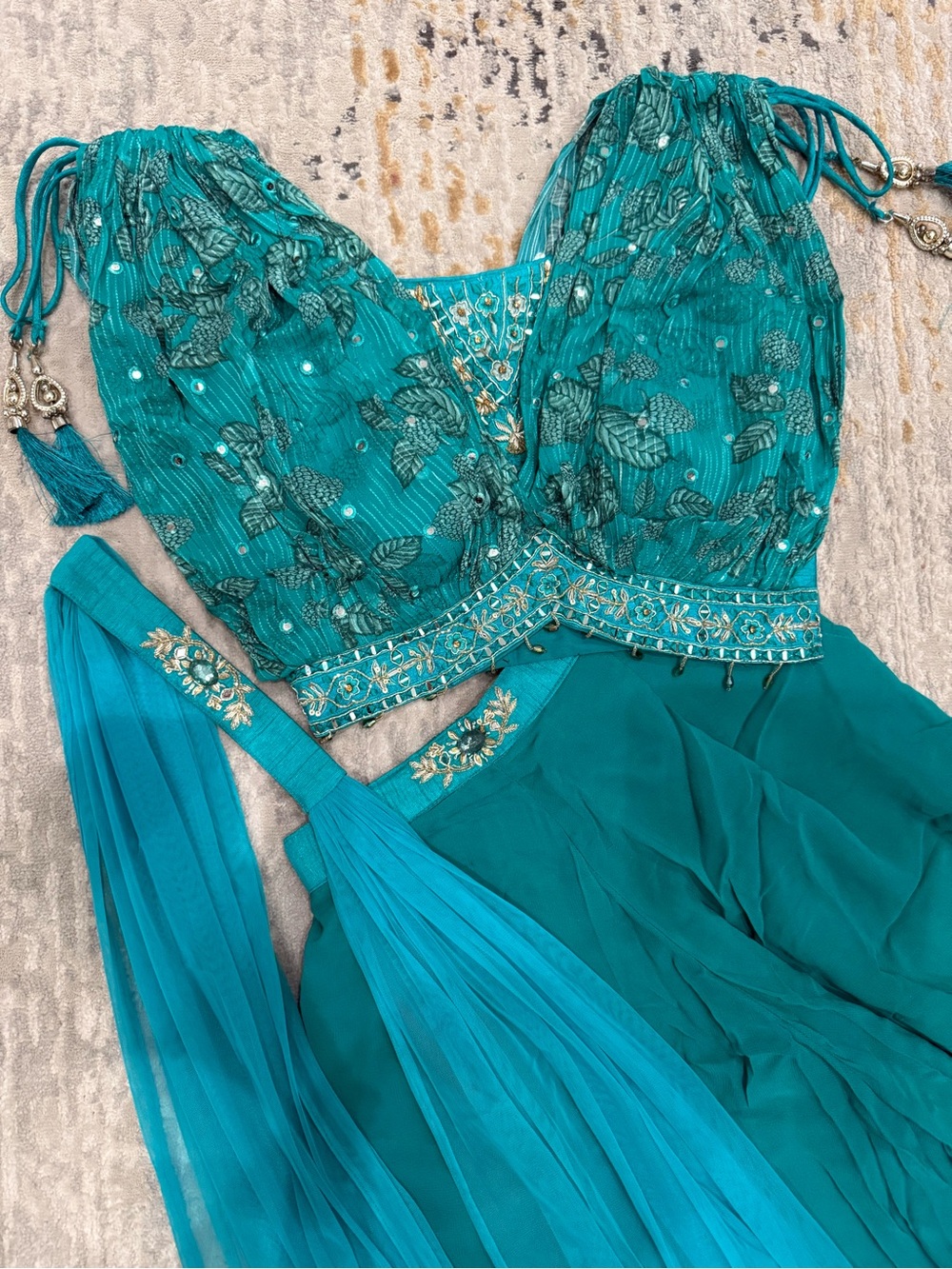 Teal Embellished Two-Piece palazzo set